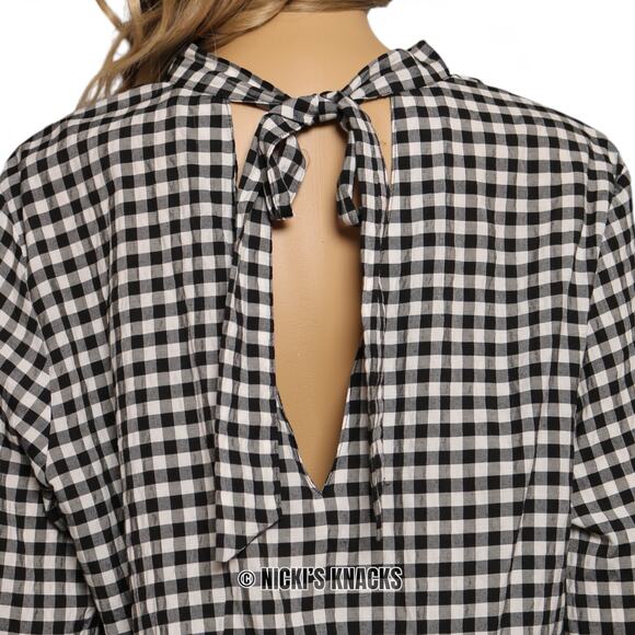 Gingham Smocked Waist Long Sleeve Blouse Black White Check H&M Top Size 14 - Picture 5 of 8